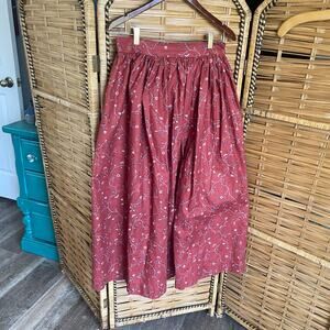 Handmade Red Floral Midi Skirt High Waist A-Line Cotton Cottagecore 28 waist 37L